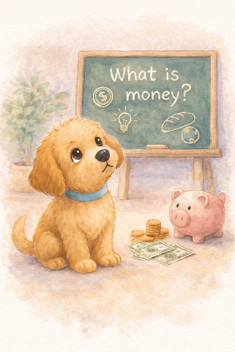 Leo the Puppy pondering "what is money?" in front of a chalkboard with money and products representing value. Money is on the floor in front of a piggy bank.