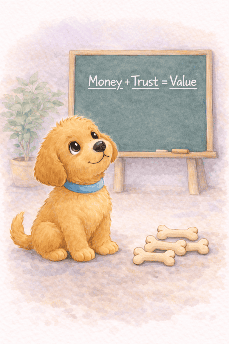 While learning about money and trust, Leo the Puppy is studying the chalkboard that says, "Money + Trust = Value"