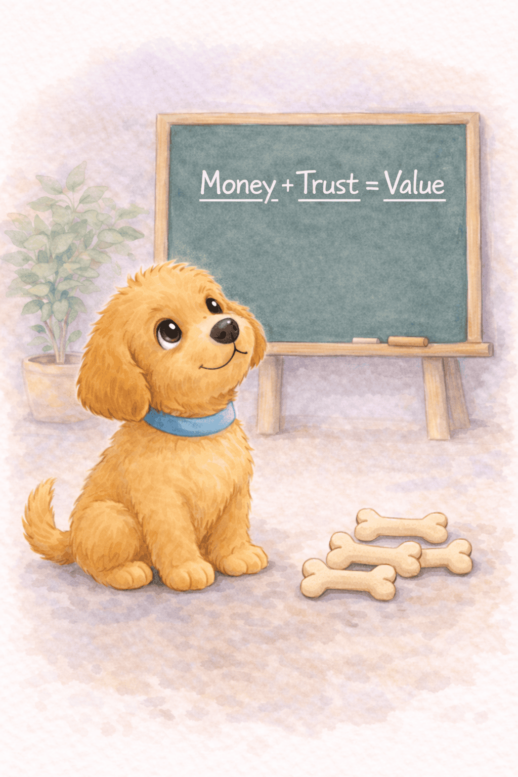 While learning about money and trust, Leo the Puppy is studying the chalkboard that says, "Money + Trust = Value"
