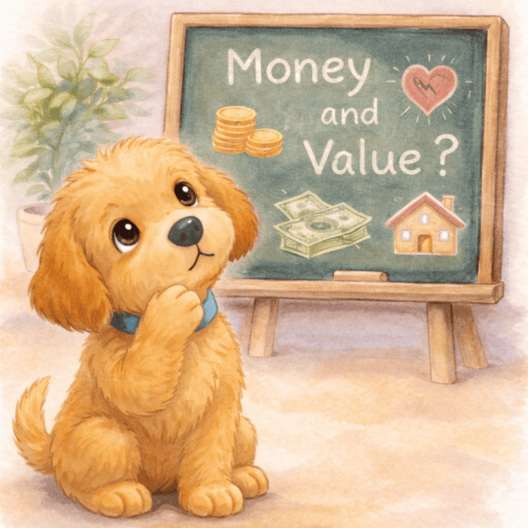 "Money and Value" written on a chalkboard while Leo ponders the concept.