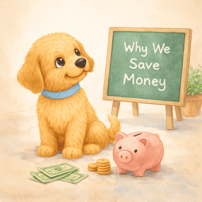 Leo the Puppy learning why we save money and sitting in front of a chalkboard that says, "Why We Save Money." He has some money on the floor in front of him with a piggy bank.