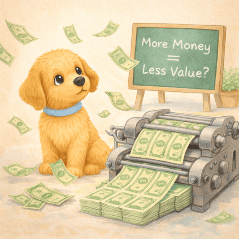 Leo the Puppy is learning about the money supply while sitting next to a money printer with money flying everywhere and pondering at the chalkboard that says, "More Money = Less Value."