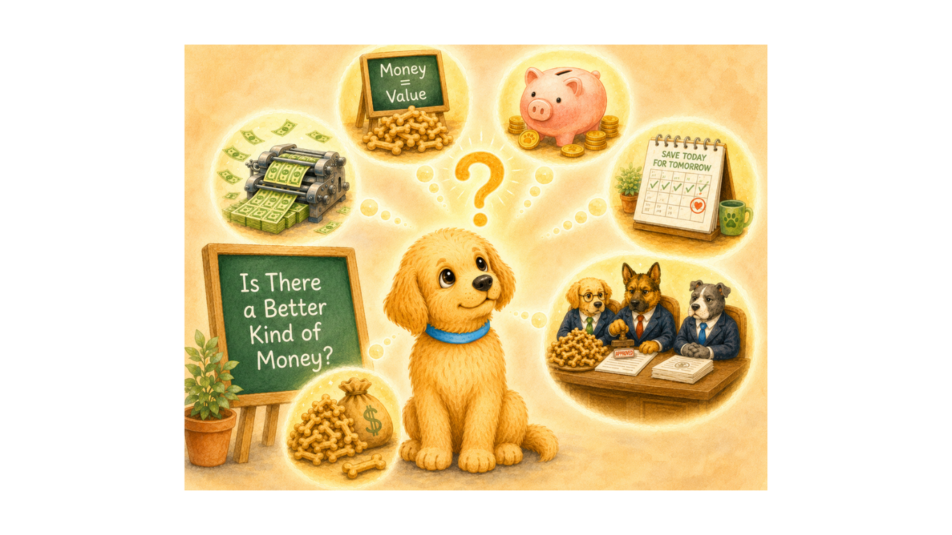 Leo the Puppy sitting thoughtfully with paw on chin surrounded by six glowing thought bubbles representing his money lessons including a printing press, piggy bank, saving calendar, money bag, suited dogs controlling bones, and a chalkboard reading Is There a Better Kind of Money?