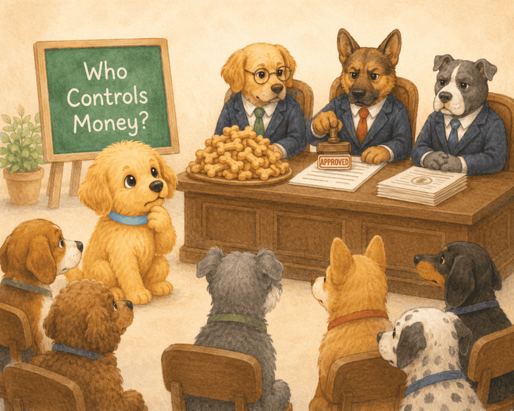 Leo the Puppy sitting curiously in a meeting room watching three serious dogs in suits controlling a pile of bones behind a desk with an Approved stamp while other dogs look on and a chalkboard reads Who Controls Money?