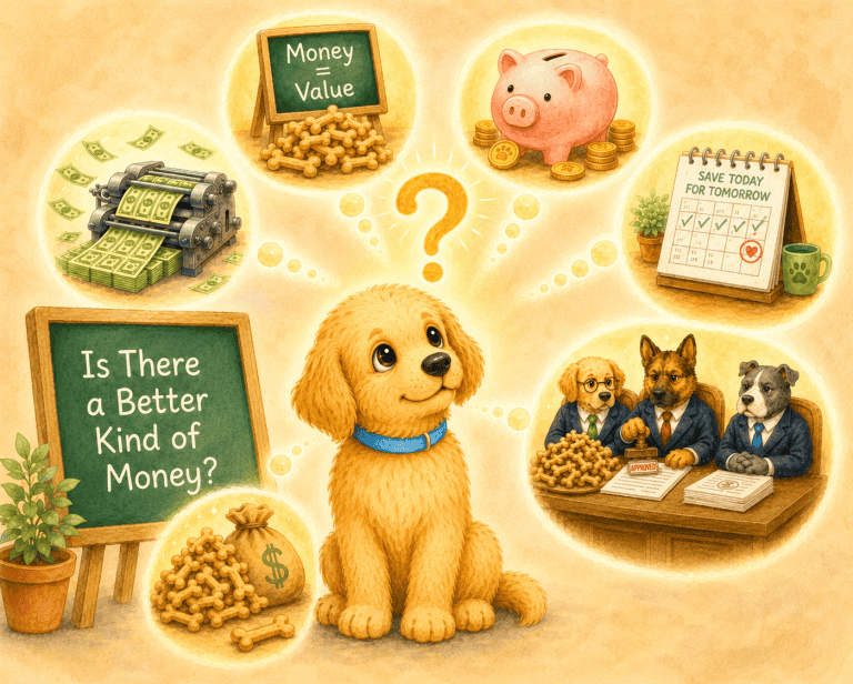 Leo the Puppy sitting thoughtfully with paw on chin surrounded by six glowing thought bubbles representing his money lessons including a printing press, piggy bank, saving calendar, money bag, suited dogs controlling bones, and a chalkboard reading Is There a Better Kind of Money?