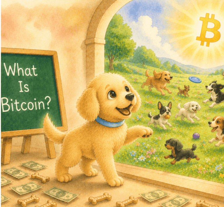 As Leo the Puppy discovers Bitcoin, he happily gazes at a beautiful field where puppies are running freely without collars and playing. Leo is learning the answer to his question, which is written on the chalkboard behind him, "What is Bitcoin?"