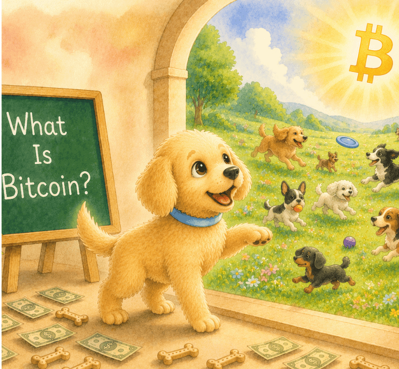 As Leo the Puppy discovers Bitcoin, he happily gazes at a beautiful field where puppies are running freely without collars and playing. Leo is learning the answer to his question, which is written on the chalkboard behind him, "What is Bitcoin?"